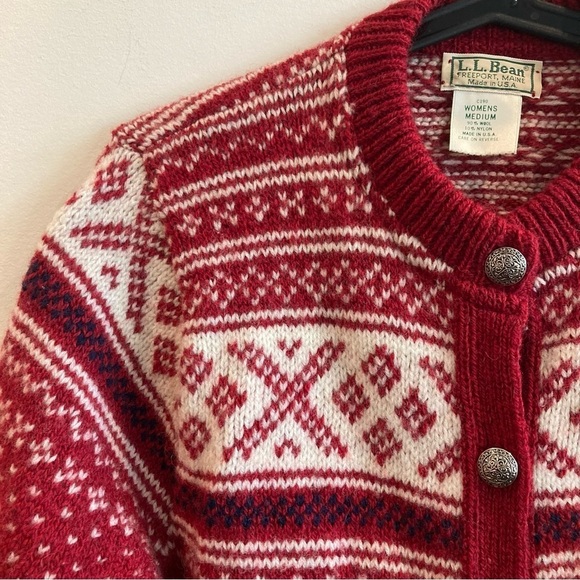 LL BEAN Sz M Wool Blend Metal Button Chunky Fair Isle Style Vintage Cardigan - Picture 7 of 10
